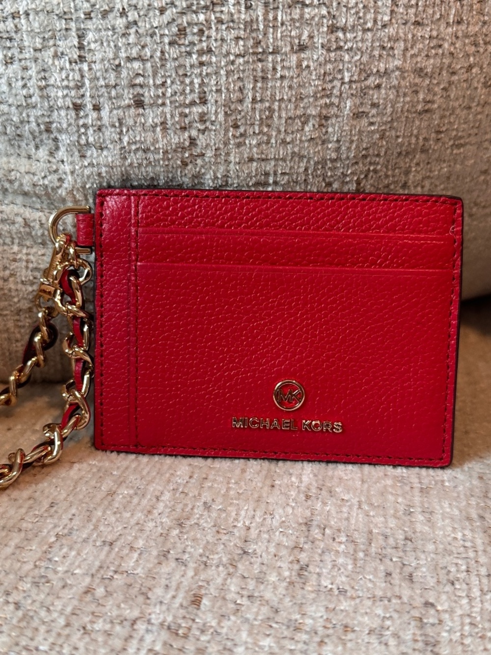 Michael Kors Red Pebbled Leather Card Holder ID Wallet Wristlet